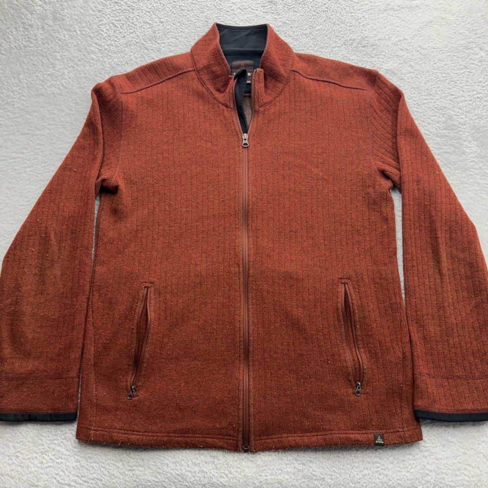 Prana Mens XL Recycled Wool Blend Full Zip Ribbed Sweater‎ Jacket Rust Orange